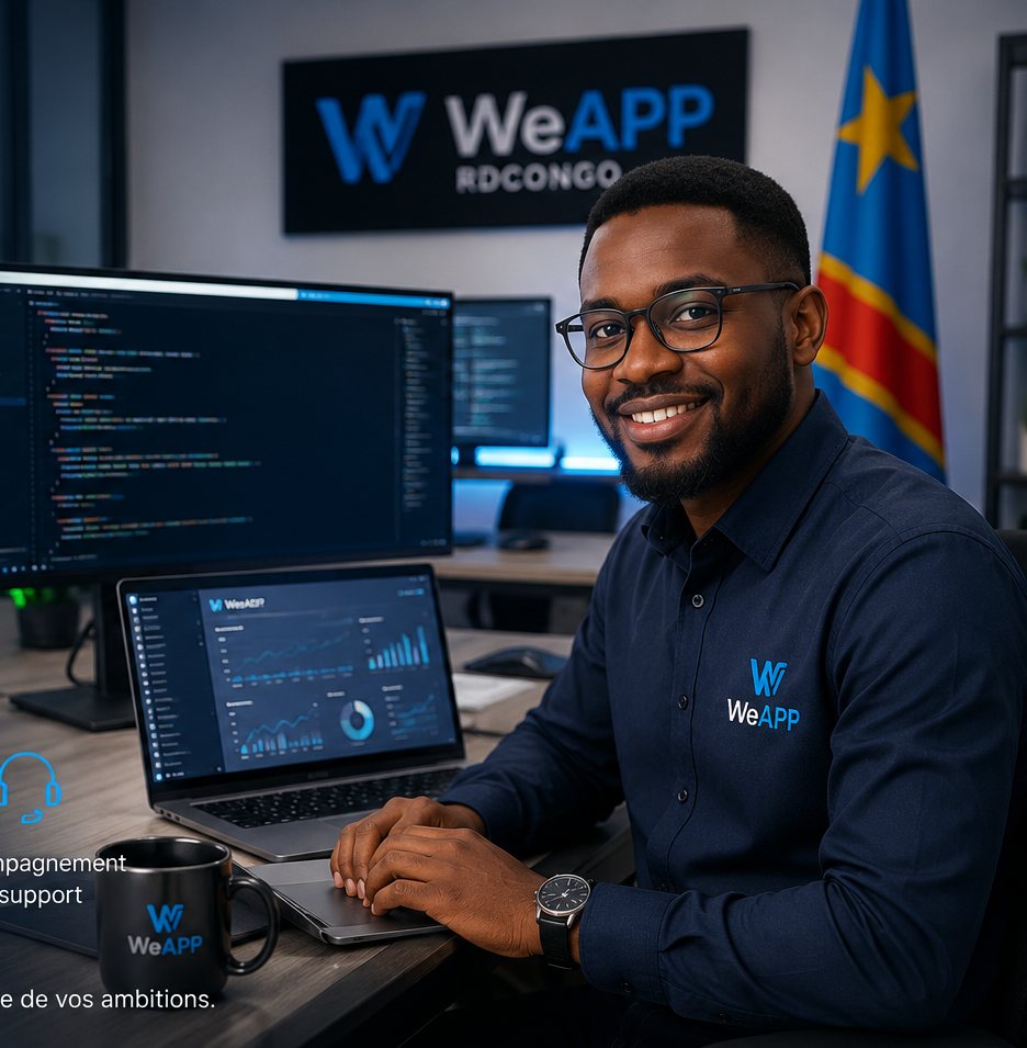 Membre de l'équipe WeAPP travaillant sur plusieurs écrans dans les bureaux de Kinshasa, environnement de développement logiciel moderne