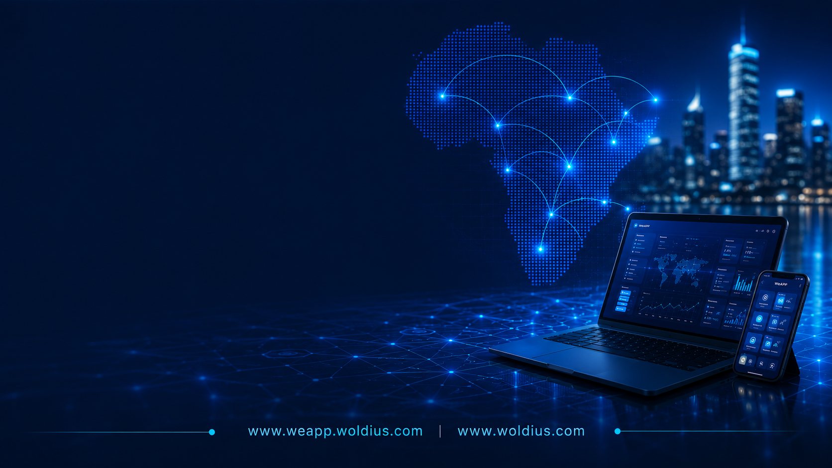 Réseau de solutions WeAPP à travers l'Afrique, avec tableau de bord logiciel affiché sur ordinateur portable et mobile