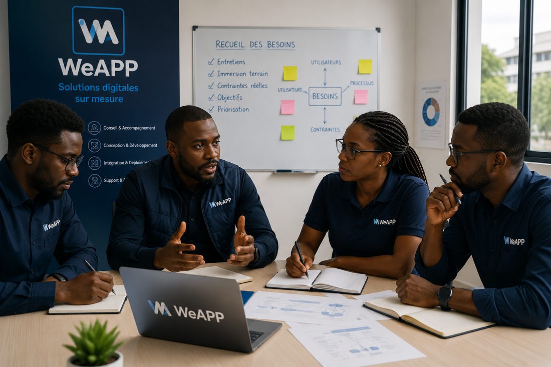 Réunion professionnelle d'une équipe WeAPP consacrée au recueil des besoins