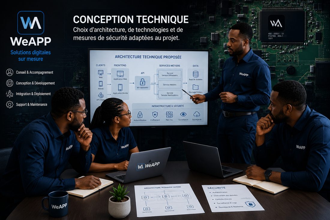 Équipe WeAPP présentant l'architecture technique et le déploiement d'une solution