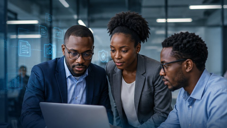 Équipe de trois professionnels africains examinant ensemble un projet sur ordinateur portable, environnement de bureau moderne